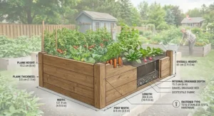 Illustration showing a large cedar raised garden bed withstanding snow, highlighting durability for Canadian climates.