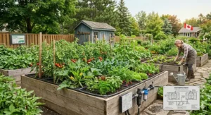 Illustration of a gardener easily reaching into a large raised bed, emphasizing back-friendly design.