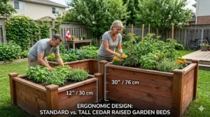 Side-by-side comparison of standard and waist-high cedar raised garden beds for comfortable, accessible gardening for Canadians of all ages.
