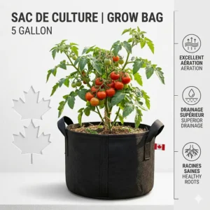 Technical diagram showing root air pruning benefits in breathable 5 gallon grow bags compared to standard plastic pots.
