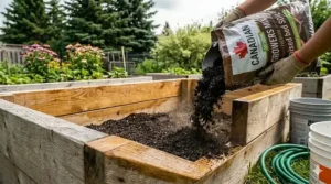 Filling the sealed cedar raised garden bed with premium soil and compost.