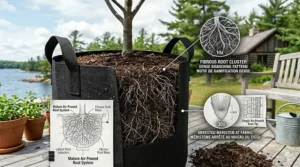 Visual guide: Air pruning roots in 20 gallon fabric garden bags.