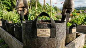 Hydroponic setup using 10 gallon fabric pots and sacs de culture in a greenhouse.