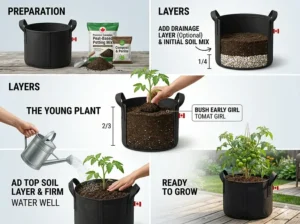 Illustration demonstrating how to easily plant and harvest homegrown potatoes using fabric 5 gallon grow bags.
