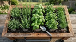 Top-down view of an elevated planter box on wheels organized with basil, mint, and parsley for a kitchen garden.