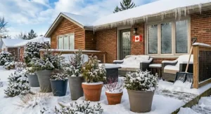 Lightweight yet durable plastic planter for Canadian winter decor.