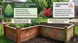Comparison graphic showing why natural cedar raised garden beds are the safest choice for organic vegetable gardening over chemically treated lumber.
