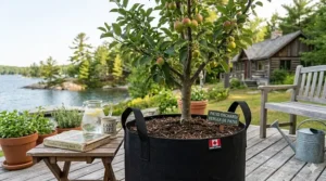 Fruit tree growing in a 20 gallon container on a balcony or deck.