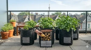 Urban patio garden with 10 gallon potato grow bags.