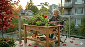 Raised wooden salad table and planter for apartment patios or small backyards.