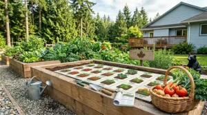 A visual planting map for a 4x8 raised garden bed optimized for Canadian zones like Ontario or BC.