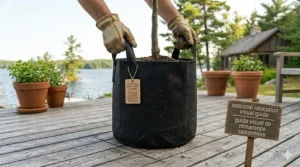 Portable 20 gallon planting bags for seasonal fruit tree relocation.