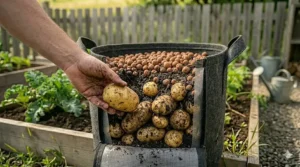 Harvesting homegrown potatoes using a side window bag.