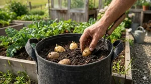Placing seed potatoes in 10 gallon grow bags.