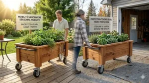 Illustration showing a planter box being wheeled from a sunny deck into a garage to protect plants from early frosts.
