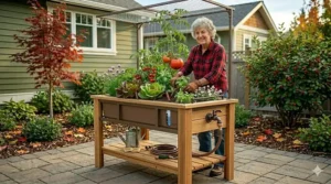Self-watering elevated garden bed for low-maintenance plant care.