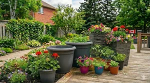 Self-watering outdoor plastic pots for low-maintenance gardening. / Pots en plastique avec système d'auto-arrosage facile.