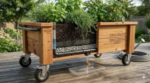 Cross-section illustration of an internal drainage system for a mobile elevated planter box to prevent root rot.