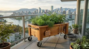 Compact elevated planter box on wheels styled for a narrow Vancouver townhouse patio or urban deck.