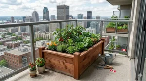 Compact cedar raised garden beds designed for small-space urban gardening on Canadian condo balconies and patios.