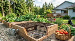 Illustration showing the correct soil layers and volume needed to fill a standard 4x8 raised garden bed.