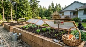Illustration of a 4x8 raised garden bed being prepped for early spring planting in the Canadian prairies.