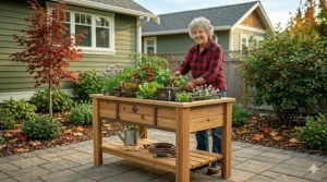 Two-tier elevated garden bed with storage shelf for easy reach and organization.