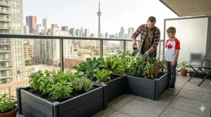 Compact plastic raised garden beds ideal for small urban balconies and patios in Canadian cities like Toronto and Vancouver.