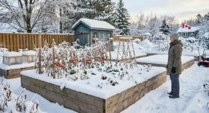 Illustration of a vegetable planting layout for large raised garden beds, optimized for short Canadian growing seasons.
