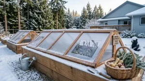 Illustration of a 4x8 raised garden bed with a cold frame cover to extend the Canadian growing season.
