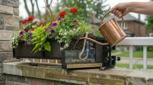 Contemporary minimalist window box planters in a sleek charcoal finish for urban curb appeal.