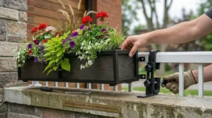 Easy-to-install window box planters with secure mounting brackets for residential railings.
