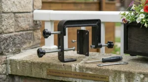 Detailed view of heavy-duty mounting hardware for stable window box planter installation.