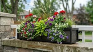 Assorted colorful flowers planted in a long window box planter for seasonal porch decor.
