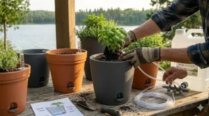 Easy setup guide for self-watering planters for vacation plants.