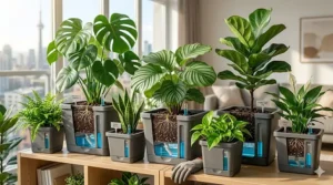 Selection of indoor plants thriving in self-watering pots / Sélection de plantes d’intérieur épanouies dans des pots à auto-arrosage.