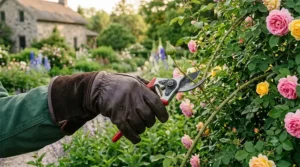 Gardener showing dexterity and grip while wearing flexible thorn-proof gloves for delicate pruning.