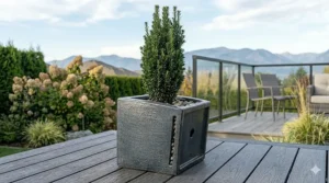 Large ceramic planter holding a hardy evergreen shrub for year-round patio style.