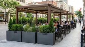 Row of tall commercial-grade planters defining a private outdoor dining zone at a restaurant.