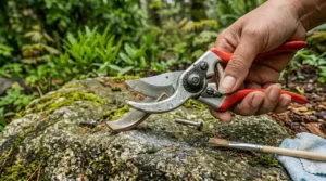 Gardener holding bypass pruners correctly for comfortable spring pruning.