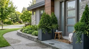 Tall cube planters flanking a home entryway to enhance curb appeal and privacy.