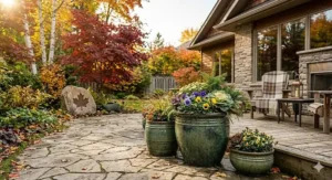 Frost-resistant ceramic planters displayed in a winter garden setting. / Jardinières en céramique résistantes au gel dans un jardin d'hiver.