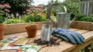 Gardening setup with a trowel and protective gloves for spring.