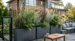Tall planters filled with cold-hardy Canadian ornamental grasses for natural privacy.