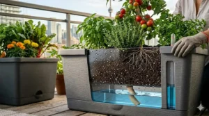 Diagram showing water reservoir in self-watering planter / Schéma montrant le réservoir d’eau d’une jardinière à auto-arrosage.