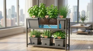 Indoor herb garden using self-watering planters / Potager d’herbes aromatiques intérieur avec jardinières à auto-arrosage.