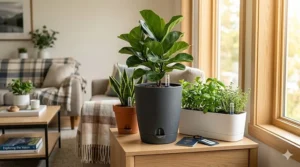 Stylish indoor self-watering planters for vacation home care.