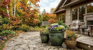 Large frost-resistant ceramic planter accenting a front porch. / Grande jardinière en céramique résistante au gel pour le perron.