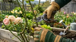 Heavy-duty leather gauntlet gloves for safe rose pruning and handling thorny shrubs in the garden.
