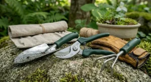 Left-handed pruning shears as part of a essential gardening set.